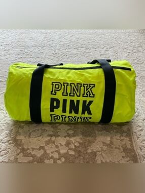 PINK Victoria's Secret Neon Yellow Duffel Bag with Black Straps